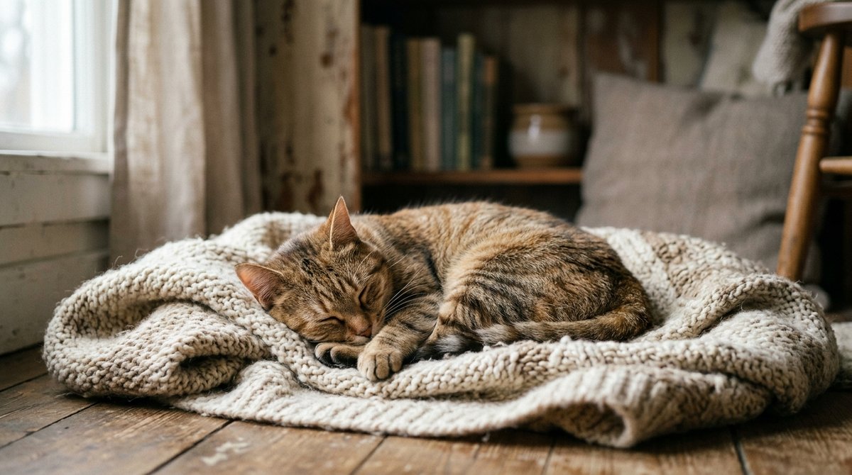 Katze liegt zur&uuml;ckgezogen auf einer Decke und wirkt ruhig