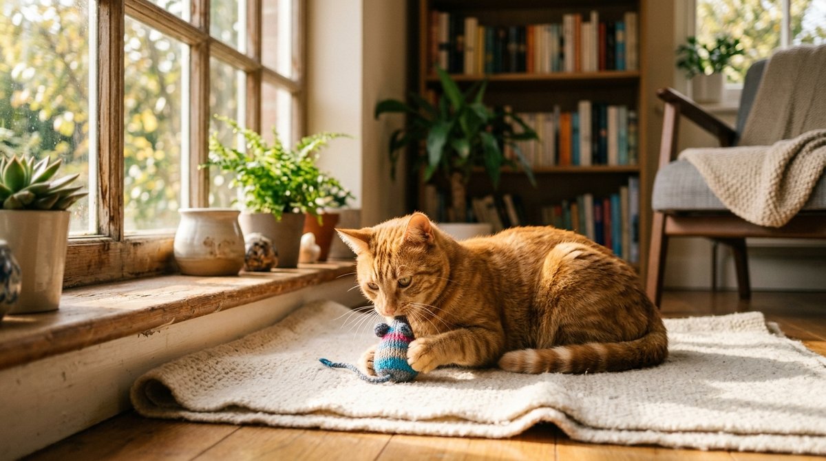 Katze besch&auml;ftigt sich entspannt allein mit einem Spielzeug am Fenster