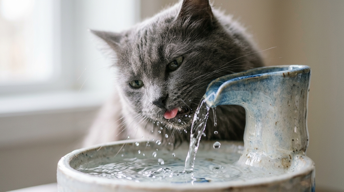 Graue Katze trinkt aus Keramik-Brunnen