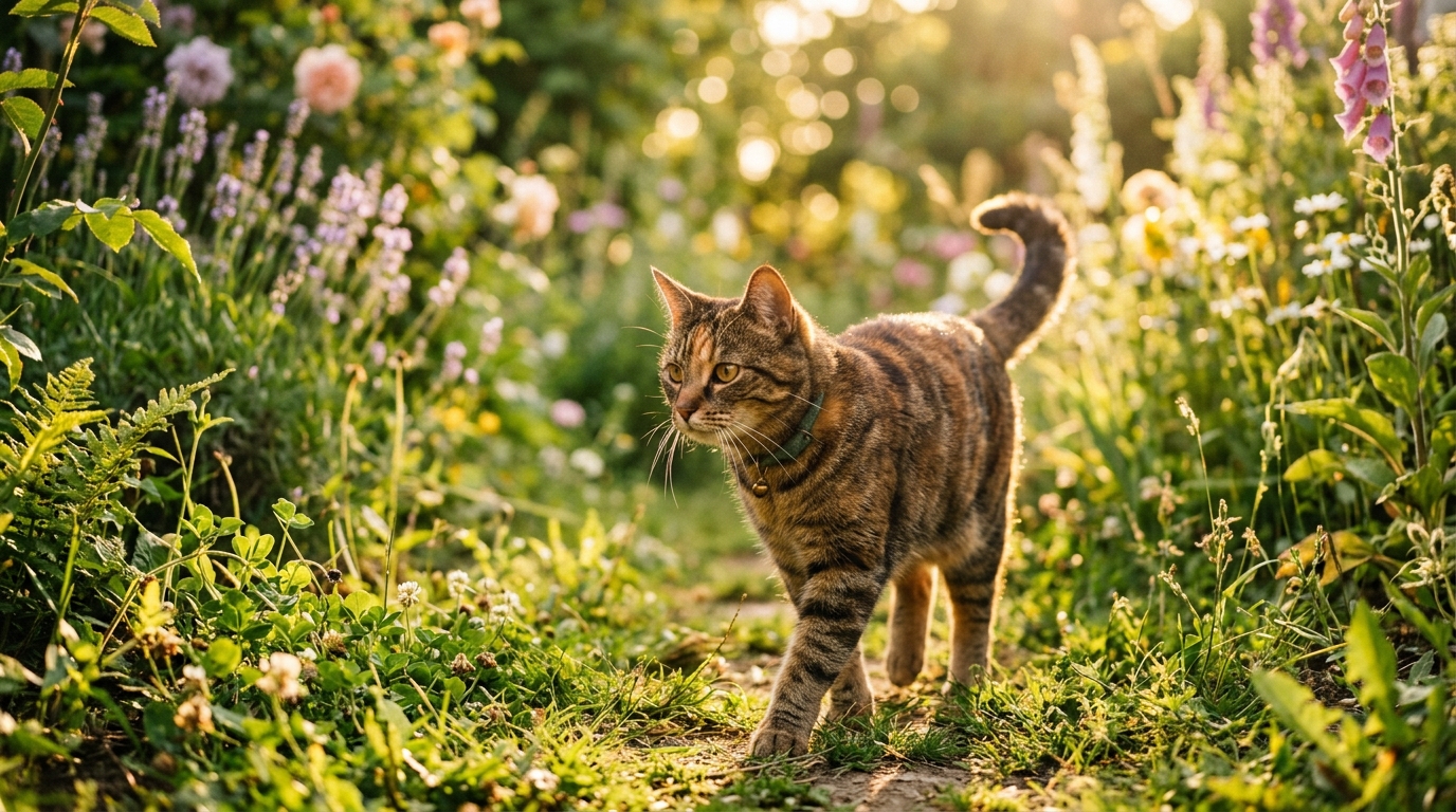 Tabby-Katze erkundet sonnigen Garten