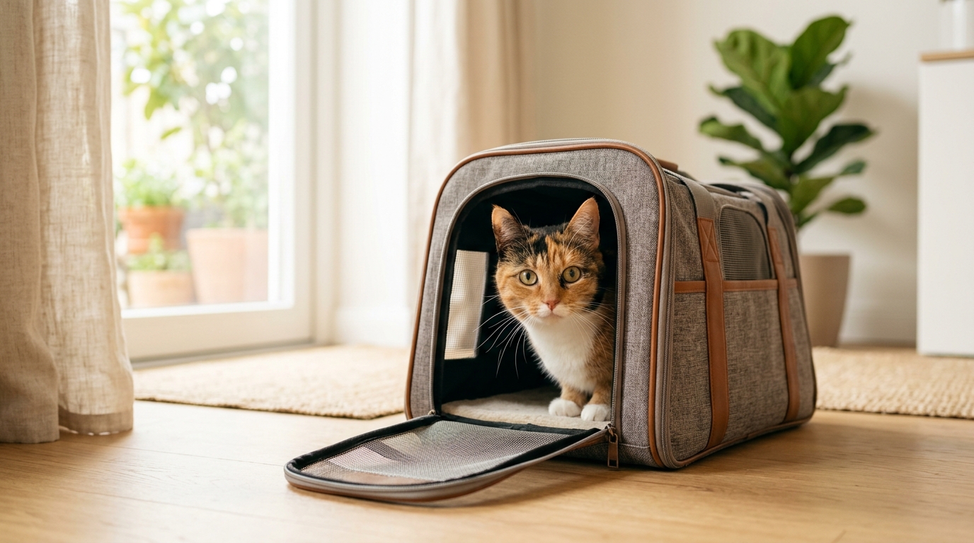 Neugierige Katze schaut aus Transportbox